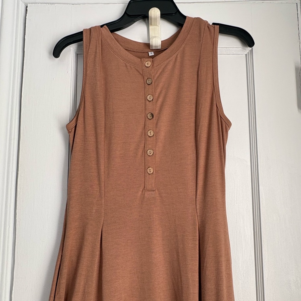 Terracotta Tan Sleeveless Button Front Pockets Maxi Dress, Sz: Small - Picture 4 of 10